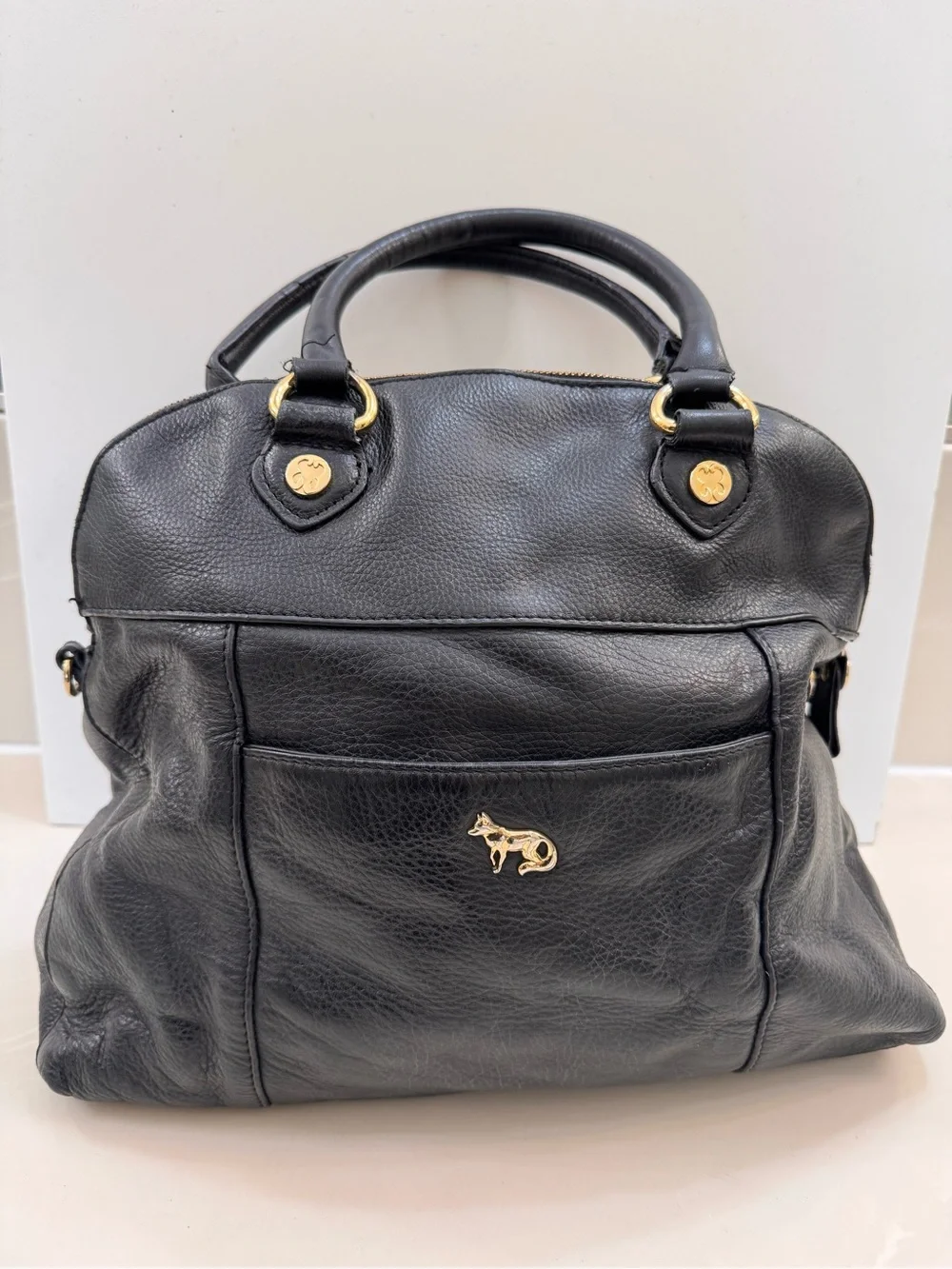 Emma Fox Black Leather Satchel with Gold Hardware